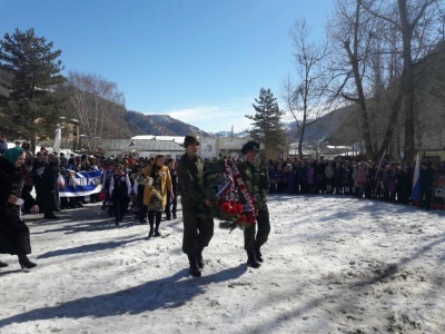 Торжественный митинг в честь Дня защитника Отечества, а также Памяти Героев России  А. Курбанова и М. Сулейманова
